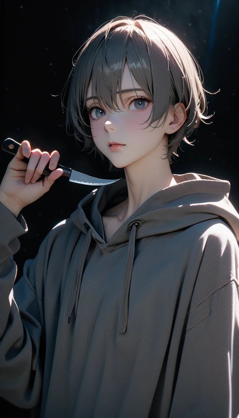 (8K, RAW photos, best quality, masterpiece: 1.4), (((boy standing in the dark))),Ultra-high resolution, Extremely detailed, Upper body close-up, handsome boy, black eyes, (delicate eyes, Eyes are bright:1.2), Gray short hair, Fair skin,dark, Grey sweatshirt, sweatshirt with hood,(perfect anatomy:1.2), High-quality shadows, Natural Lighting, (White highlights:1.2), night, cloudy day, (Dark Space:1.2), (Boning knife in hand:1.2)