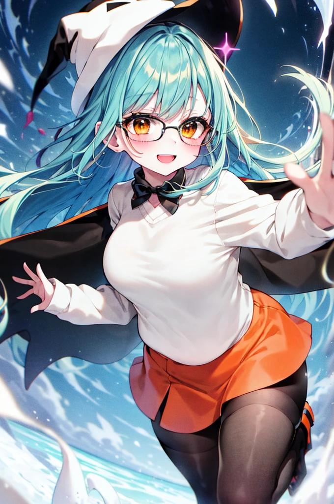 A middle school girl magician wearing a black wizard hat, glasses and black clothes、Thick body、Sand、Plump、running、running、Open Mouth Smile、Wearing black tights、Wearing black tights、Black miniskirt、Blue Hair、Orange Eyes、Blue Hair、Orange Eyes、Black boots
