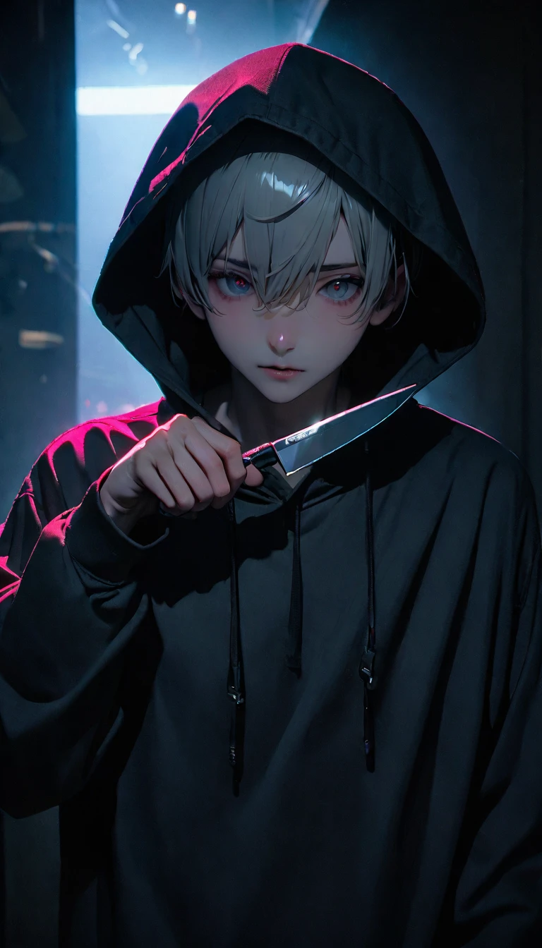 (8K, RAW photos, best quality, masterpiece: 1.4), (((boy standing in the dark)))，Ultra-high resolution, Extremely detailed, Upper body close-up, handsome boy, black eyes, (delicate eyes, Eyes are bright:1.2), Gray short hair, Fair skin,dark, Grey sweatshirt, sweatshirt with hood,(perfect anatomy:1.2), High-quality shadows, Natural Lighting, (White highlights:1.2), night, cloudy day, (Dark Space:1.2), (Boning knife in hand:1.2)