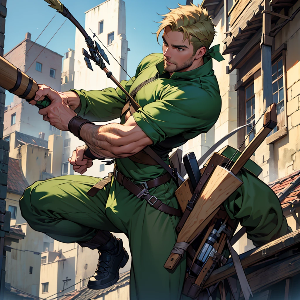 In movement ,in action , 8k, high quality , very well detailed face , detailed fingers ,detailed muscles, detailed background, stephen amell as green arrow , wearing dark green outfit, showing a dark blond short hair WITH FADE AWAY , a well groomed facial hair , a bulge ,hunk and handsome, using his bow and arrow , aiming with his bow and arrow toward the ennemy,in action , jumping from roof to roof , in the air , with the quiver on his back full of arrows, background cityscape at DAY LIGHT