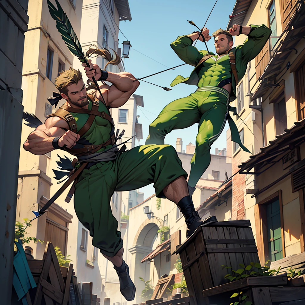 In movement ,in action , 8k, high quality , very well detailed face , detailed fingers ,detailed muscles, detailed background, stephen amell as green arrow , wearing dark green outfit, showing a dark blond short hair WITH FADE AWAY , a well groomed facial hair , a bulge ,hunk and handsome, using his bow and arrow , aiming with his bow and arrow toward the ennemy,in action , jumping from roof to roof , in the air , with the quiver on his back full of arrows, background cityscape at DAY LIGHT