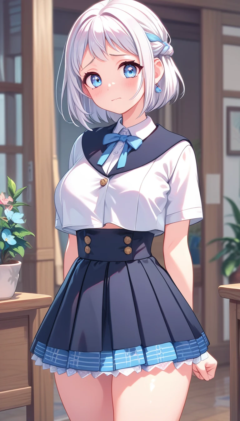 16k,8k,4K, lilja-default , katsuragi lilja,blue eyes,white hair,short hair,braid,,sailor collar,neck ribbon, white shirt,layered skirt,high-waist skirt,blush,embarrassing,big breast,thick thighs,shiny skin