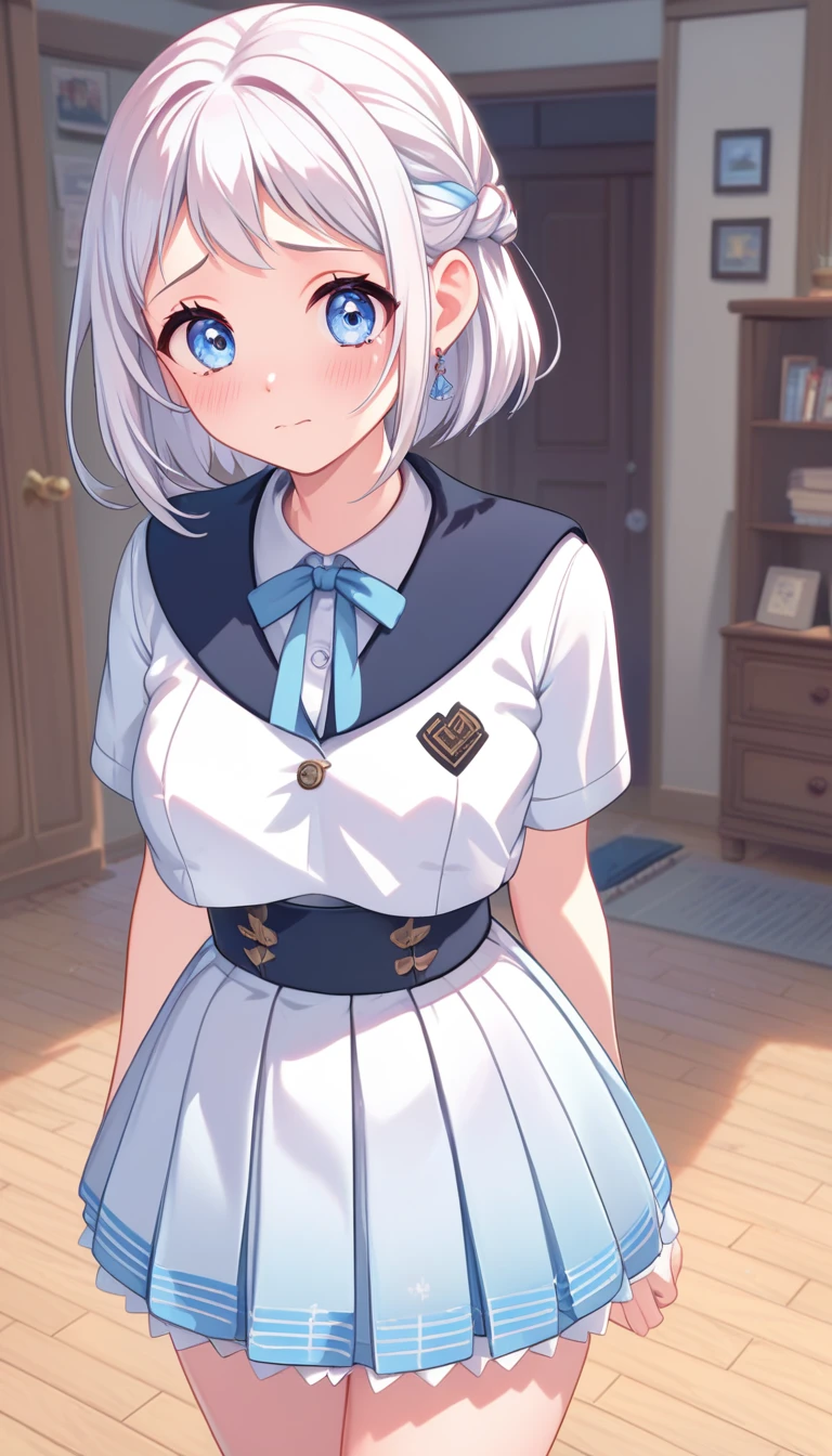 16k,8k,4K, lilja-default , katsuragi lilja,blue eyes,white hair,short hair,braid,,sailor collar,neck ribbon, white shirt,layered skirt,high-waist skirt,blush,embarrassing,big breast,thick thighs,shiny skin