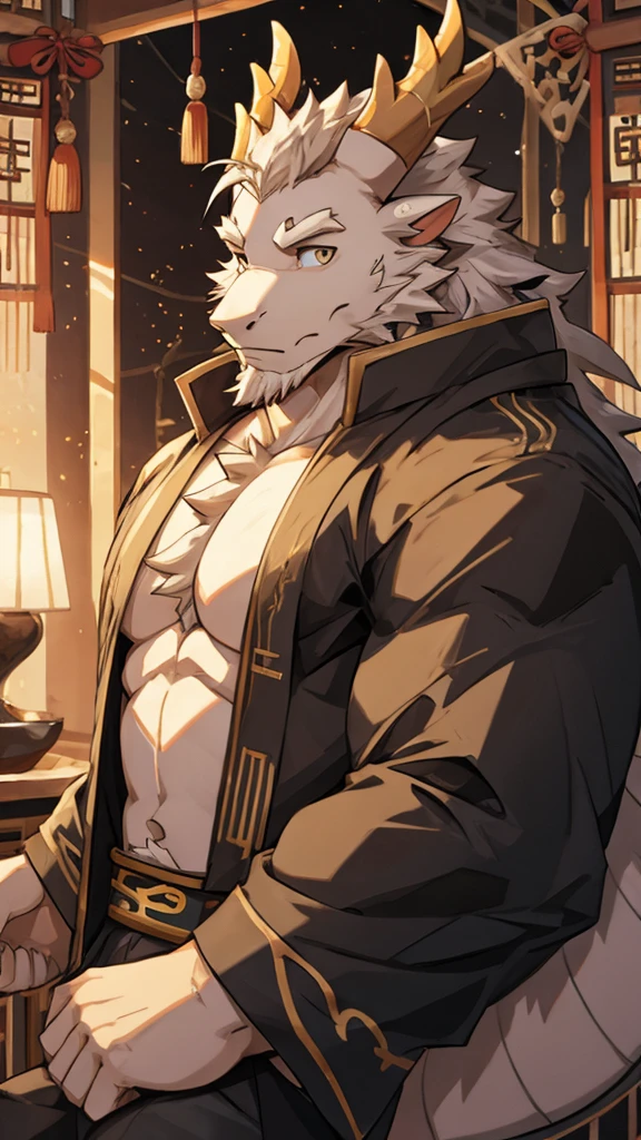 (white eastern dragon),furry,white mustache,big pecs,hearty males,muscular,black imperial robe,naked,adult,traditional_chinese_room,head portrait,(Chronically Wanted Criminal: 1.4)