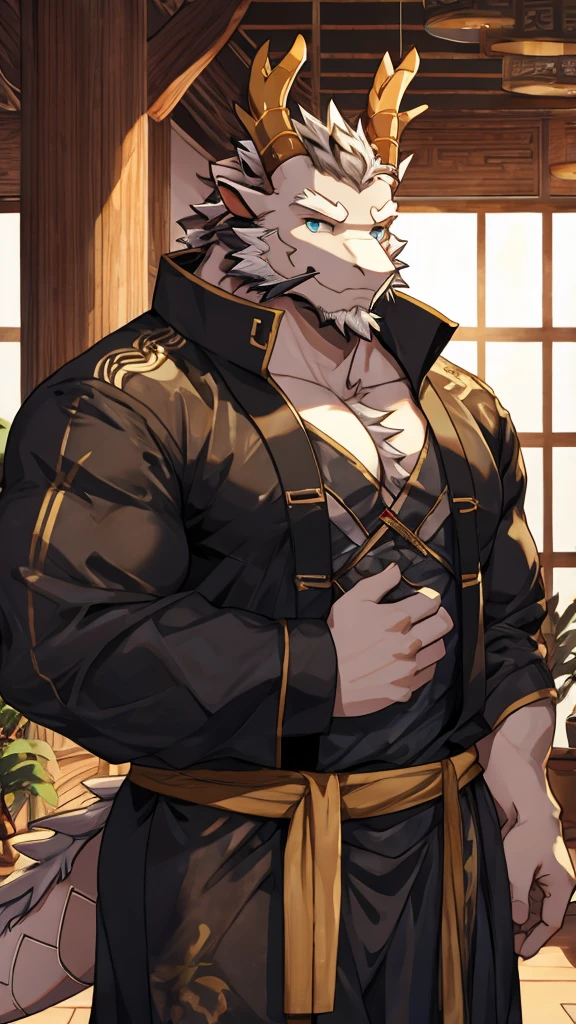 (white eastern dragon),furry,white mustache,big pecs,hearty males,muscular,black imperial robe,naked,adult,traditional_chinese_room,head portrait,(Chronically Wanted Criminal: 1.4)