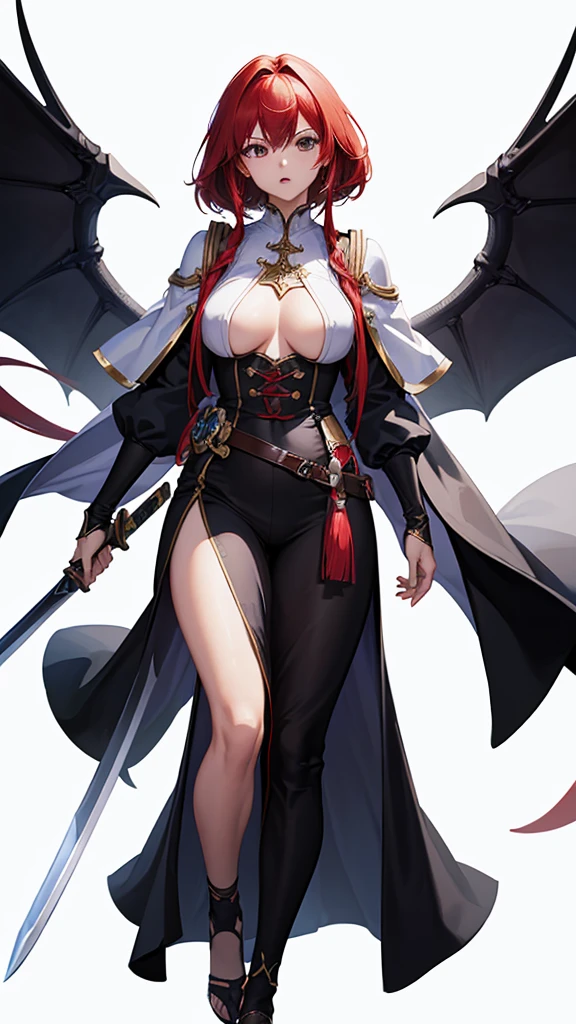 (masterpiece, 4K ,Super detailed:1.2), (anime:1), whole body側面図, jRPG Characters, jRPG Characters art, RPG Characters, View Viewer, Red hair, ((Female Swordsman), (Medieval), whole body, (Perfect quality), Pure white background, Lots of white space, Dark skin