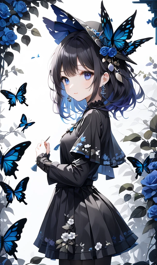 (:cyan:0.6):1.12222,{(:blue:0.9):1.11111},{(black::0.5):1.13333},(black and white color scheme:1.85)
(Front Focus:1.4),(beautiful detailed eyes:1.1),Smile,Rose(beautiful detailed girl:1.2),(独奏:1.2),
(Black Butterfly Wings Silhouette :1.6),(Black Butterfly Wings Shape Shadow:1.6),full body,standing
(1Girl_wear_(Long sleeves with wide sleeves:1.3),(short Pleated skirt:1.4)),(witch's hat:1.3),
(she_with_(black)_hair:1.3),(long_hair:1.3)
(she_with_(violet (Faming:1.4) eyes:1.3))
(she(Earrings:1.2)),(black stockings:1.6)
BREAK
(contrasting colors:1.4),(only Character Coloring:1.4),(eyes_partially_colored:1.6),(partially colored:1.4),(grotto:1.4),(vines:1.4)
(Ring of Thorns:1.3)
perfecteyes, TWbabeXL01,