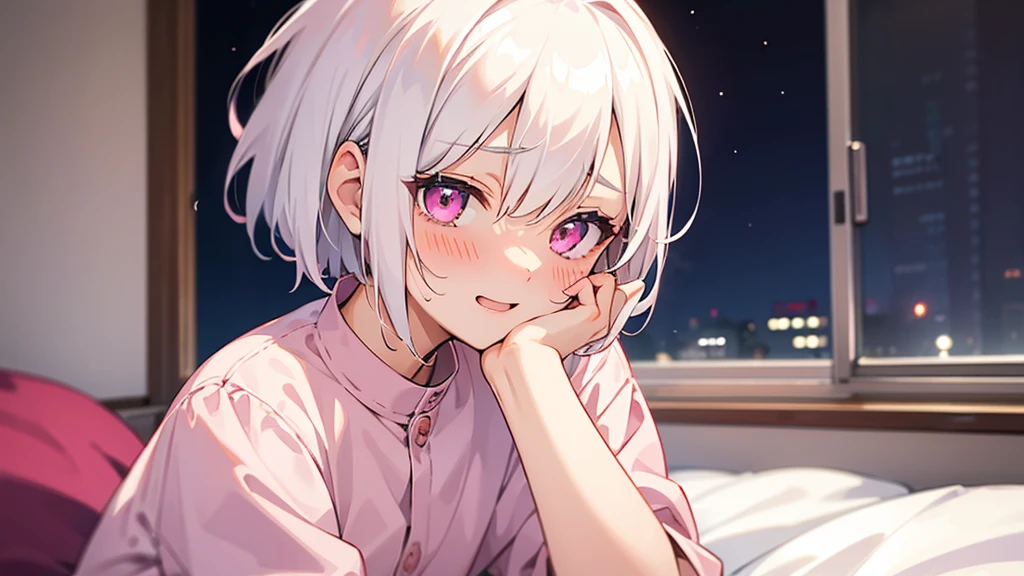 White Hair Girl、Pink Eyes、Short Hair、Only one girl、Night、In the bedroom、Blushing、laughing、Excited、Just One、Sitting on the bed、Sweating