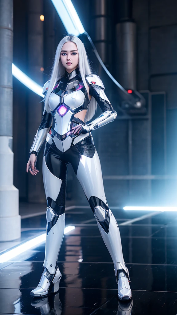 1girl, ultra realistic, ultra crisp, NVIDIA RTX, unreal engine, perfect slim body, realistic face, perfect face, realistic body, epic skin details, white hair, hair blown with strong winds, hyper rendering, ultra details, glowing eyes, purple eyes, blush, parted lips, cybernetic ear, cybernetic metalic hands, cybernetic metalic legs, luminous cybernetic futuristic metalic mechanical body, ultra realistic lights reflection details, ((full body shown)), from below, posing in the middle.