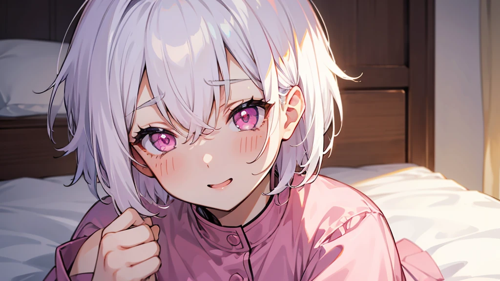 White Hair Girl、Pink Eyes、Short Hair、Only one girl、Night、In the bedroom、Blushing、laughing、Excited、Just One、Sitting on the bed、Sweating