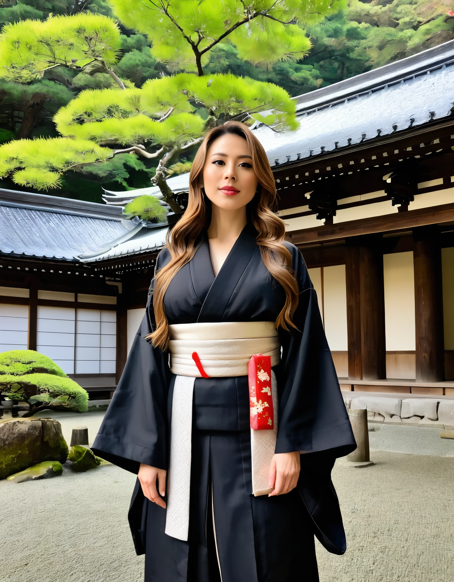 A woman with long brown hair, dressed in a black traditional kimono, standing in a historical Japanese temple.