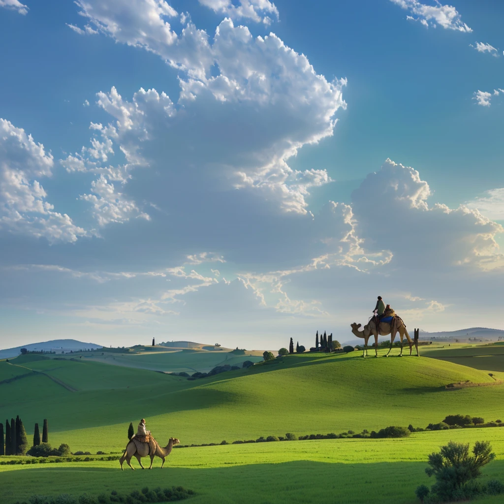 A camel walking on a dirt road in a green field, Tuscan hills, in the Rural, Rolling Hills, In the vast and peaceful landscape, Rural, Dreamy Landscape, Tranquil scenery, Rural landscape, Stunning scenery, airy landscape, The most beautiful scenery, Stunning scenery, Stunning scenery in background, 在Tranquil scenery中, Dreamlike scene, Stunning scenery