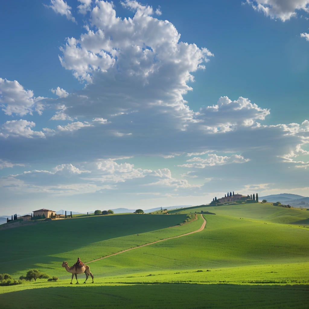 A camel walking on a dirt road in a green field, Tuscan hills, in the Rural, Rolling Hills, In the vast and peaceful landscape, Rural, Dreamy Landscape, Tranquil scenery, Rural landscape, Stunning scenery, airy landscape, The most beautiful scenery, Stunning scenery, Stunning scenery in background, 在Tranquil scenery中, Dreamlike scene, Stunning scenery