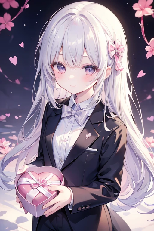 （Cute  sister: 1.3）、smile,spring atmosphere、Wearing a suit、((Valentine's Day))、evening、silver,silver eyes, big chest、Very detailed、Chocolate 