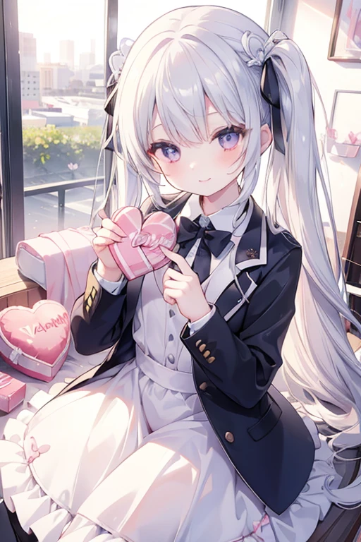 (Cute sister: 1.3)、smile,spring atmosphere、Wearing a suit、((Valentine's Day))、evening、silver,silver eyes, big chest、Very detailed、Chocolate