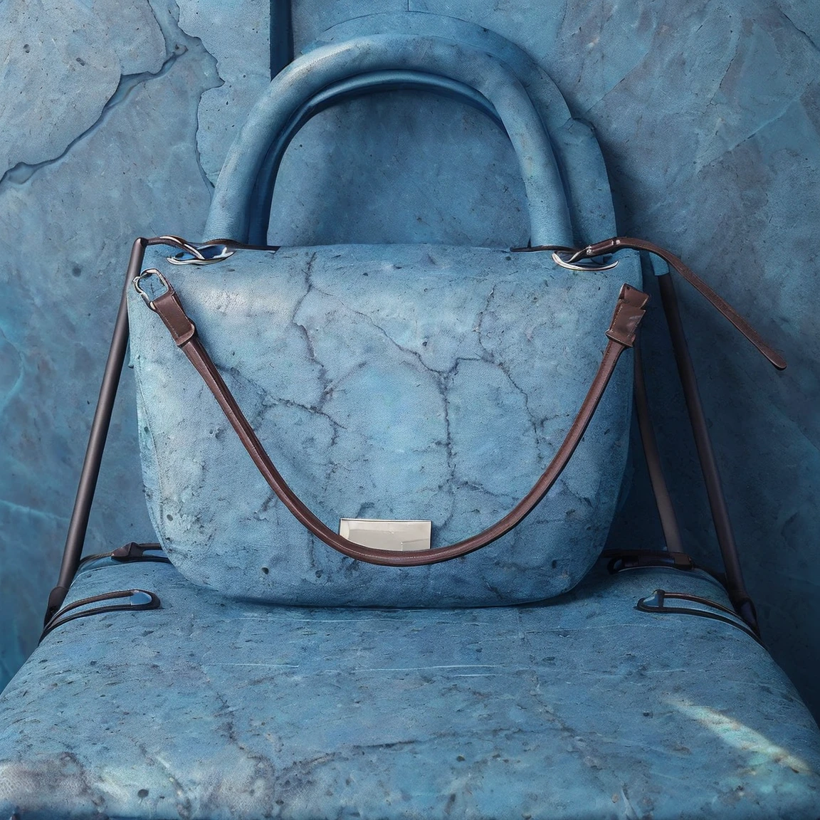 (((((Blue stone background)))))、(((((Bag on chair)))))、(((The bag is facing straight ahead)))、(((((Photogenic quality)))))、(((A realistic view)))