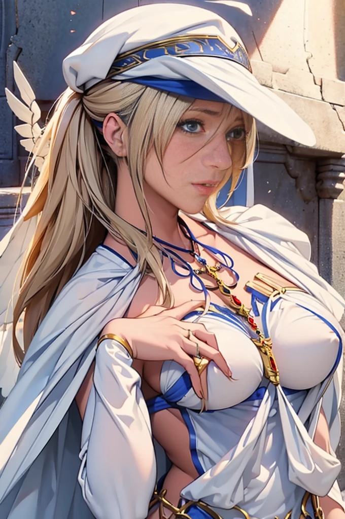 4K,High resolution,One Woman,Blonde,ponytail, Long Hair,blue eyes,Huge ,Valkyrie,White Holy Armor,Jewelry decoration,Winged hat,Temple in the Sky