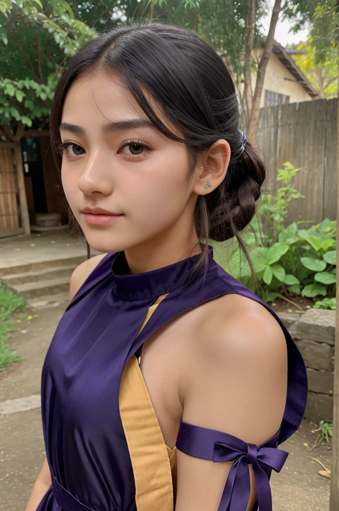 Small nose black eyes thin face lips age 17 village girl purple dress balance