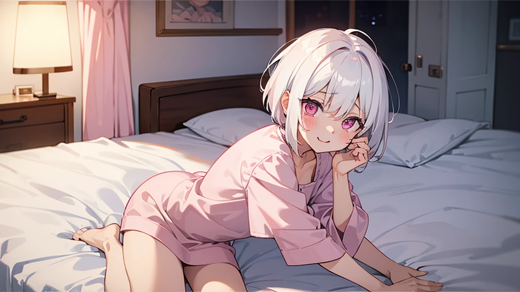 White Hair Girl、Pink Eyes、Short Hair、Only one girl、Night、In the bedroom、Blushing、laughing、Excited、Just One、Sitting on the bed、Sweating