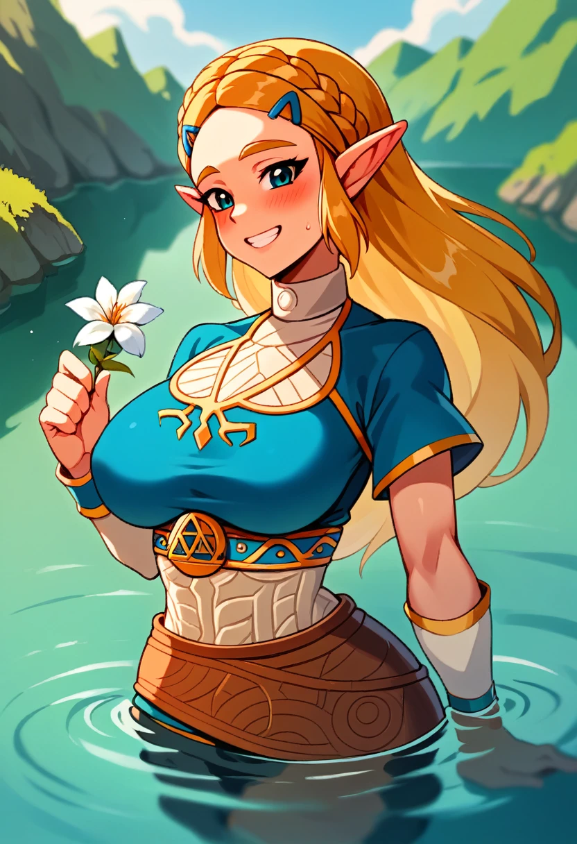 (Cute innocent white  Zelda), long blonde hair, flower on hair, blue eyes, ((huge round breasts)), slim body, posing happily on a lake, early in the morning, smiling, having fun, happy, smiling, blushing, 2BoutOvalXL4, Zelda, breasts out, breastsout,