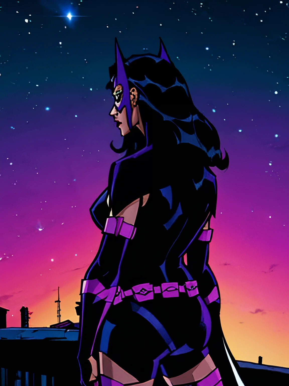 Huntress from DC comics, looking at something, backside view, night time, night sky background