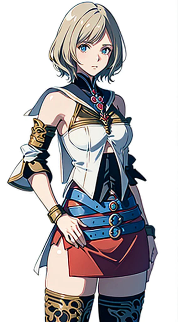 S-curve,s line,(cowboy  shot,masutepiece, of the highest quality, Best Quality, Official art, Beautiful and aesthetic:1.2), ighly detailed, Colorful,highest details,Illustrations,Everyday scenery, 1girl in, Solo, (large boob,Final Fantasy 12,Ashelia, shorth hair,short-hair ,Ashelia Costume,Red mini skirt, thighs thighs thighs thighs, Knee socks that cover up to the shin,jewely, Blue belt), is standing, move chart,Medieval fantasy