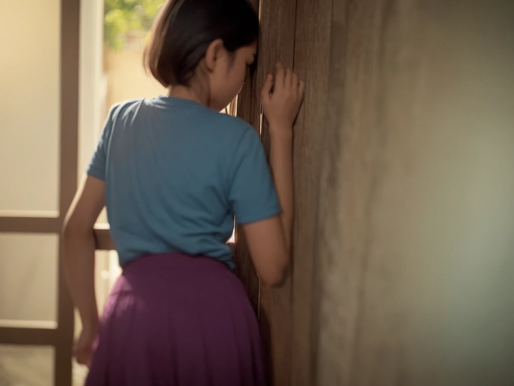 (Peephole view) , Voyeur , (old color negative film) , (soft focus) , (Bokeh:1.1) , woman , school , (Activities of daily living) , pan chira , looking away , Scratching the groin , twilight , dim light , panty
