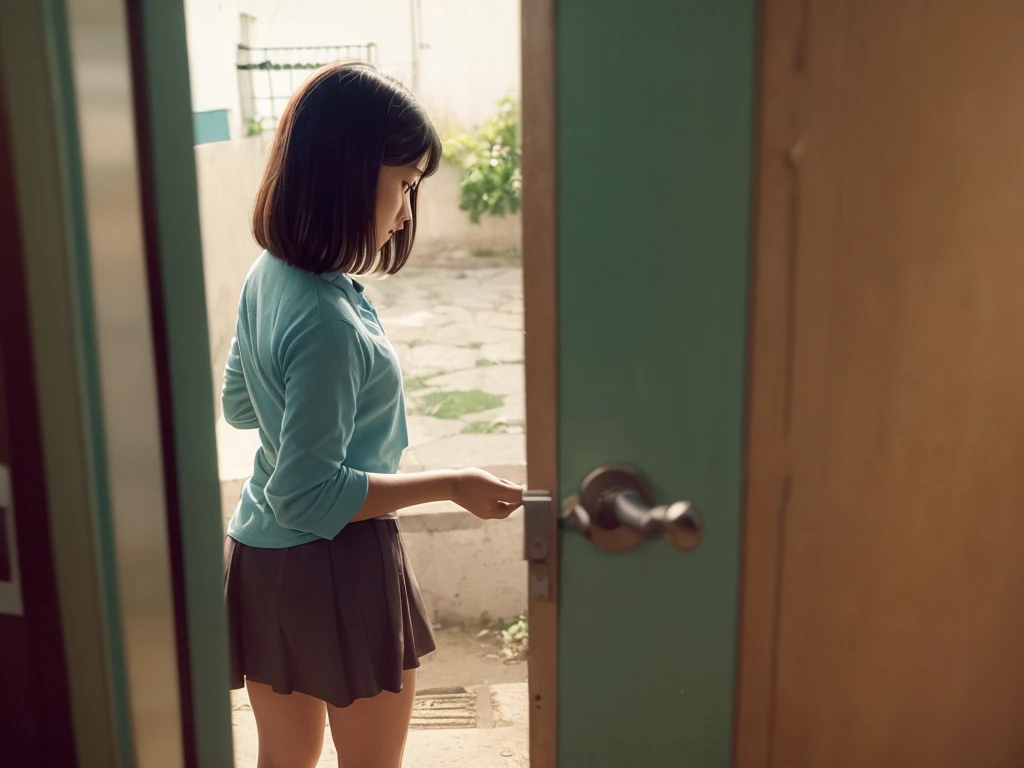 (Peephole view) , Voyeur , (old color negative film) , (soft focus) , (Bokeh:1.1) , woman , school , (Activities of daily living) , pan chira , looking away , Scratching the groin , twilight , dim light , panty
