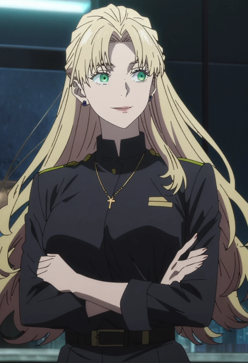 1girl, female gojo satoru, anime screencap from jujutsu kaisen, gojo satoru female version, solo, long_hair, Green eyes ((Blonde_hair)), night view, breasts, upper_body, smile, indoors, book, green_eyes, lips, (Her hairstyle is long, straight, and layered and falls gracefully over her shoulders) ((wearing black colour uniform with button)) breast, "very detailed and high resolution" (Green eyes) (cross arms) ((long hair)) ((solo)) (front view)(necklace) (earings) ((high resolution)) ((good quality)) ((layered hair))