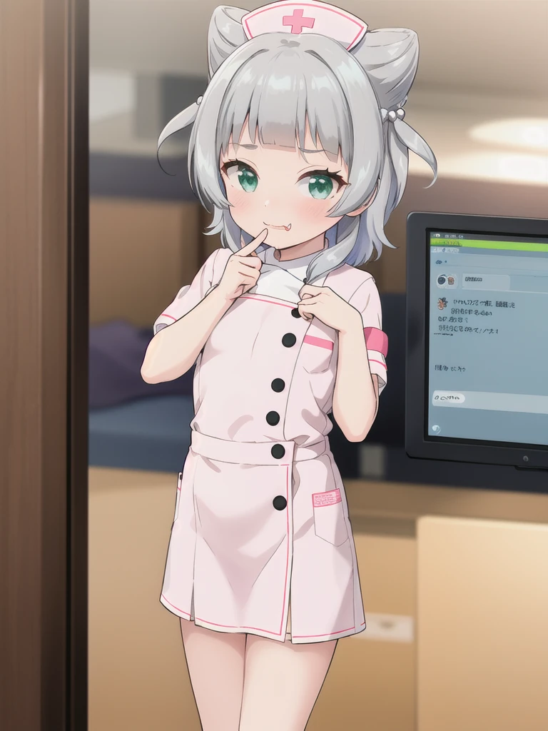 indoor,hospital,hospitalのベッドの上,Infusion,1girl, Green Eyes, Grey Hair, hair ornaments, bangs, Virtual YouTuber, Shine, blunt bangs, Double Bang, Animal ears, Flat Chest,Pink nurse uniform,blush, (View your viewers), smile, Are standing,undressing,bare breast,1boy,Grab your chest,Bite your finger,saliva,orgasm