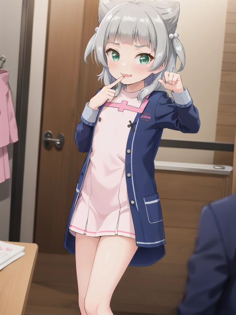 indoor,((classroom)),Focus from below, Green Eyes, Grey Hair, hair ornaments, bangs, Virtual YouTuber, blunt bangs, Double Bang, Animal ears, Flat Chest,uniform,Grey Skirt,Pink Panties,Piggyback ride,hetero