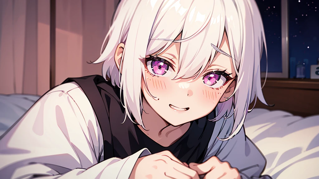 White Hair Girl、Pink Eyes、Short Hair、Only one girl、Night、In the bedroom、Blushing、laughing、Excited、Just One、Sitting on the bed、Sweating、With tears in their eyes、On all fours