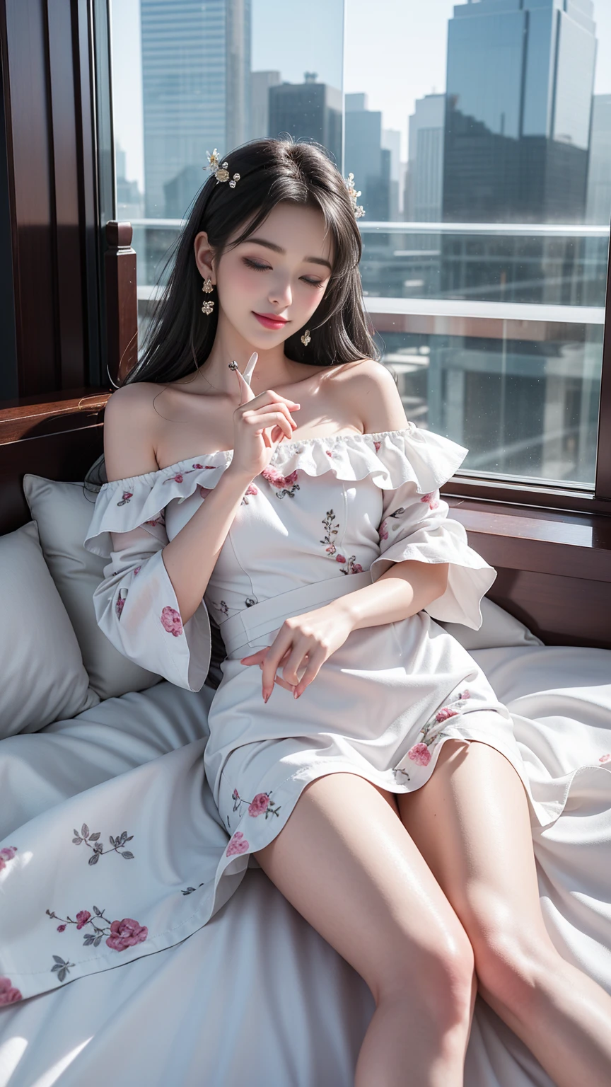 （(Girl lying on bed))、Beauty、 One Girl、alone、Long Hair、Viewer、smile、（Eyes closed)、hair ornaments、、gem、Gray Hair、Shut your mouth、Blunt banganicure、bracelet、lips、Grey Eyes、Portraiture、Red nails、close、赤いlips、Put your hands on your face、Place your hand on your cheek、()、(Shiny skin)、((Skyscrapers are hazy outside the window))、(Off-shoulder white dress with floral pattern),),((Girl sleeping with legs slightly apart)),(Leg spread),((White panties are visible)),（Lift-up skirt)、((holding a wine glass)),