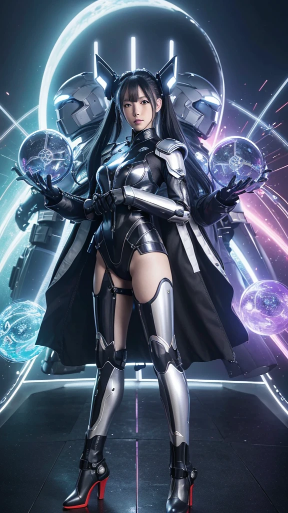 whimsical hyper realistic illustration of the beautiful mecha-robot-lady, Hatsune miku by artgerm, Gil Elvgren, Vladimir Volegov, Earl Moran, Enoch Bolls, wearing a cyborg black shiny metal armor-jacket-suit combination with samurai-battle-armor and big black shiny shoes, gaze looking and facing forward. standing defense pose, ready to throw a fireball with blue energy in his hand. smoke and lightning effects, black background, full body, intricate details, blue and purple neon lights, UHD with 4k resolution.
