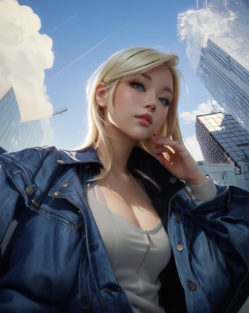 cute girl with blonde hair and blue jacket in front of a city, beautiful digital artwork, urban girl fanart, low detailed. digital painting, stunning digital illustration, realistic artstyle, in style of digital illustration, beautiful digital illustration, a beautiful artwork illustration, style digital painting, gorgeous digital painting, digital art ilya kuvshinov, beautiful digital painting, digital beautiful illustration