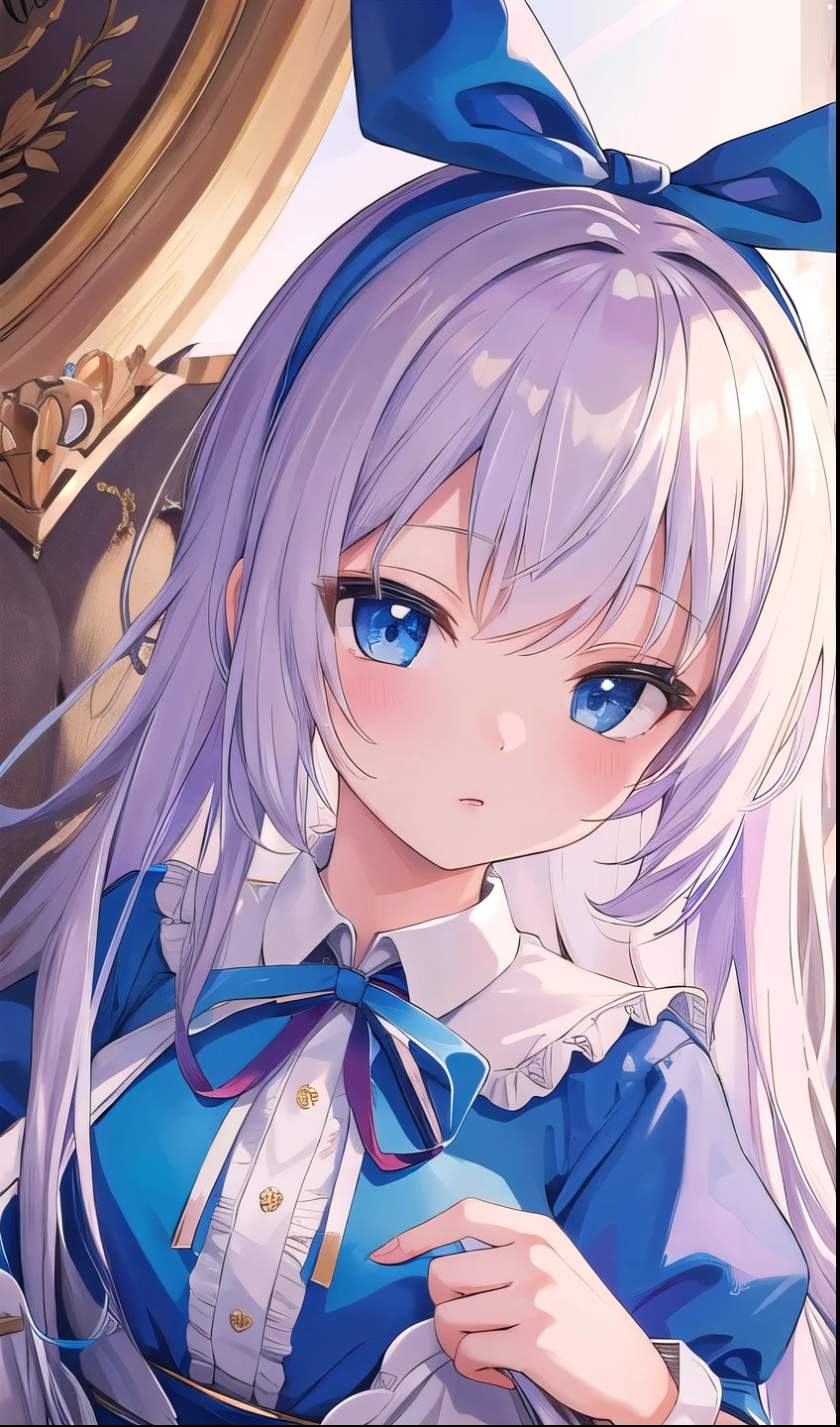 One girl, masterpiece, Highest quality, 8K, Detailed skin texture, Detailed cloth texture, Beautifully detailed face, Intricate details, Super detailed, Alice in Wonderland, (A ribbon on her head:1.1), Upper Body