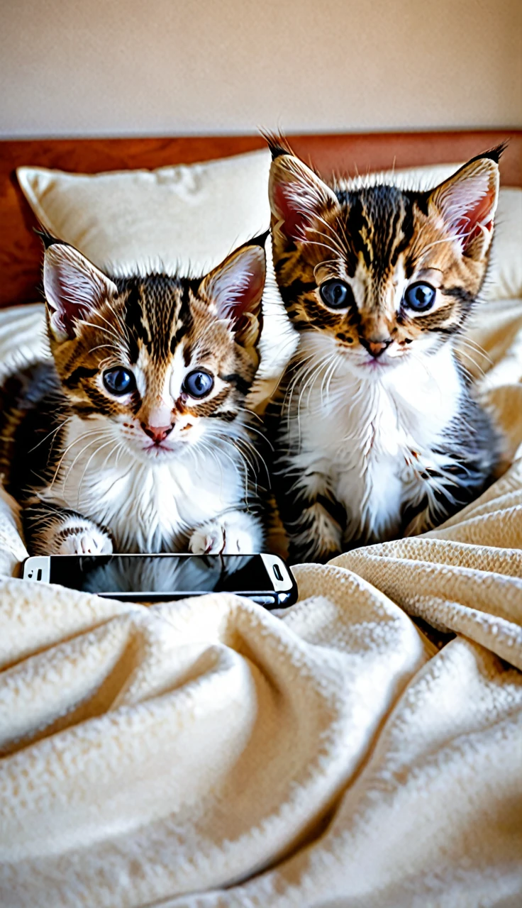 Photographically illustrate the following description.
 This picture shows two kittens on a bed with their heads on pillows, looking at a smartphone screen. The cats are relaxed and look as if they are watching TV or video like humans. The pillows look soft and the bed covers look comfortable. Overall, the atmosphere is warm and cozy.