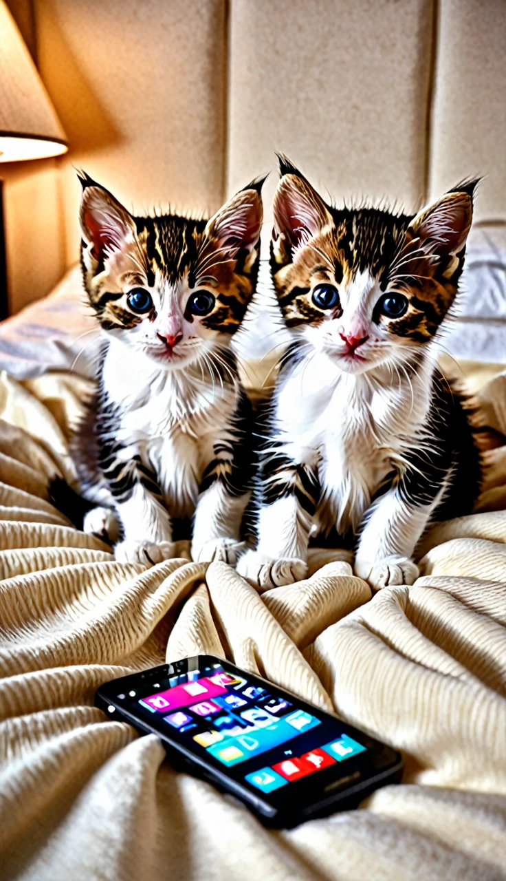Photographically illustrate the following description.
This picture shows two kittens on a bed with their heads on pillows, looking at a smartphone screen. The cats are relaxed and look as if they are watching TV or video like humans. The pillows look soft and the bed covers look comfortable. Overall, the atmosphere is warm and cozy.