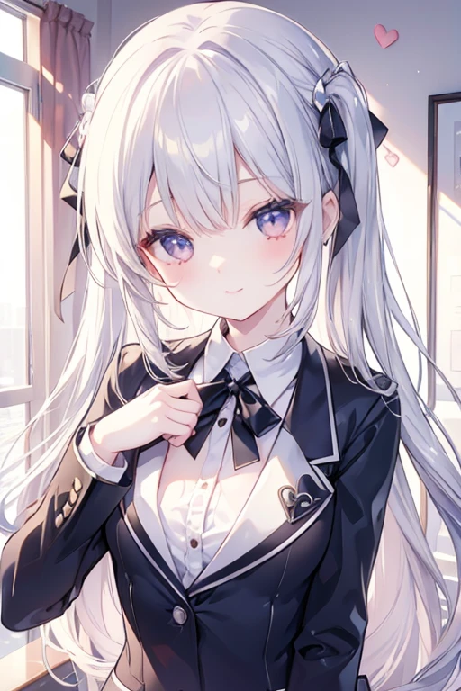 (Cute sister: 1.3)、smile,spring atmosphere、Wearing a suit、((Valentine's Day))、evening、silver,silver eyes, big chest、Very detailed、Chocolate