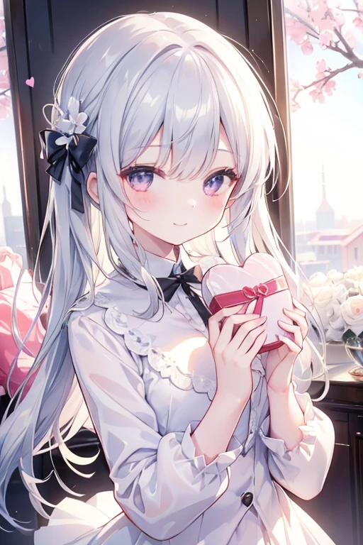 (Cute big sister: 1.3)、smile,spring atmosphere、Wearing a suit、((Valentine's Day))、evening、silver, silver eyes, big breasts、Very detailed,chocolate
