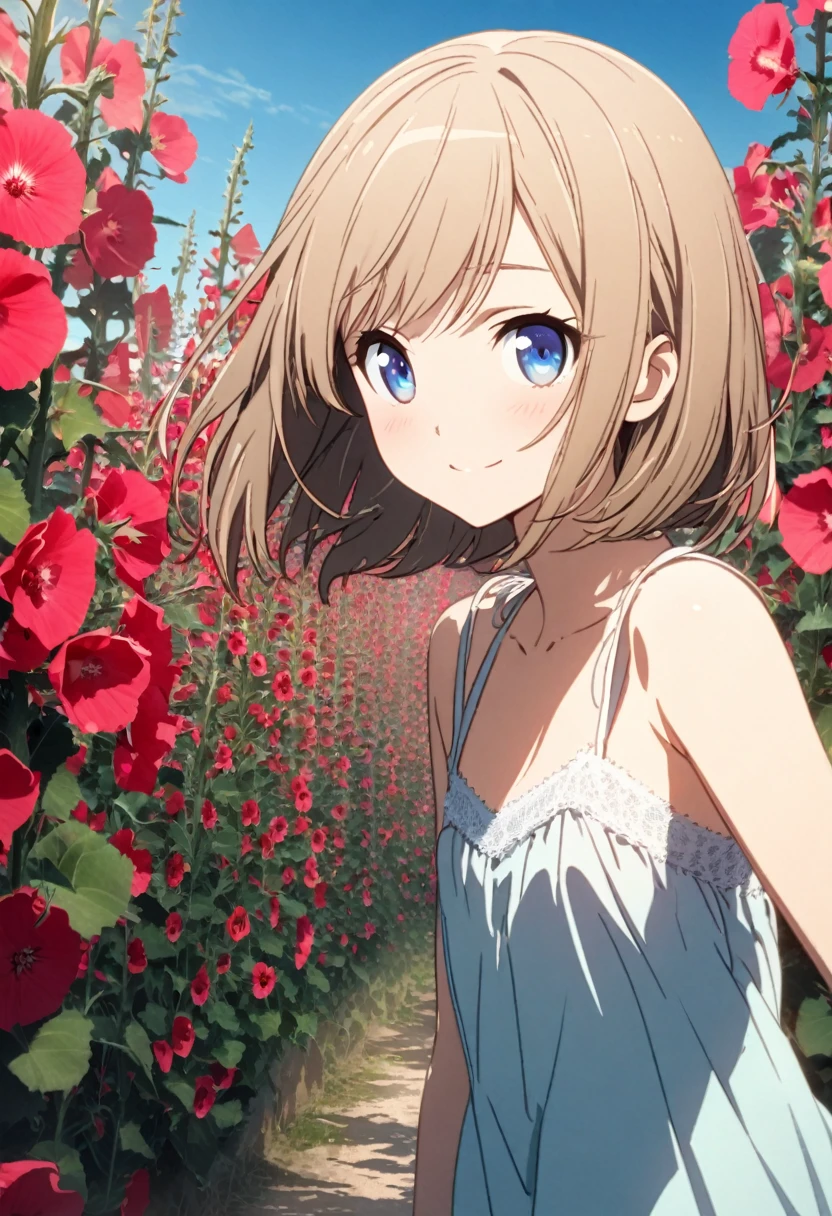 1 girl, 18yo, (flat chest: 1.5), blue eyes, light brown hair, bob cut, early summer outfit, smiling, posing, having fun, upper body, Hollyhock Field, Hollyhock field, red hollyhocks, pink hollyhocks, white hollyhocks, blue sky, 8k, RAW photo, best quality, masterpiece, extremely detailed 8k wallpaper, ultra-detailed, best shadow, detailed background, beautiful detailed face, beautiful detailed eyes, nice hands, perfect hands