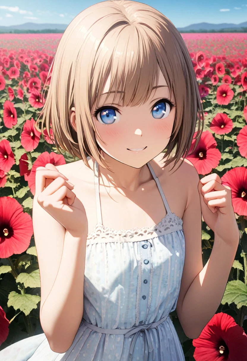 1 girl, 18yo, (flat chest: 1.5), blue eyes, light brown hair, bob cut, early summer outfit, smiling, posing, having fun, upper body, Hollyhock Field, Hollyhock field, red hollyhocks, pink hollyhocks, white hollyhocks, blue sky, 8k, RAW photo, best quality, masterpiece, extremely detailed 8k wallpaper, ultra-detailed, best shadow, detailed background, beautiful detailed face, beautiful detailed eyes, nice hands, perfect hands