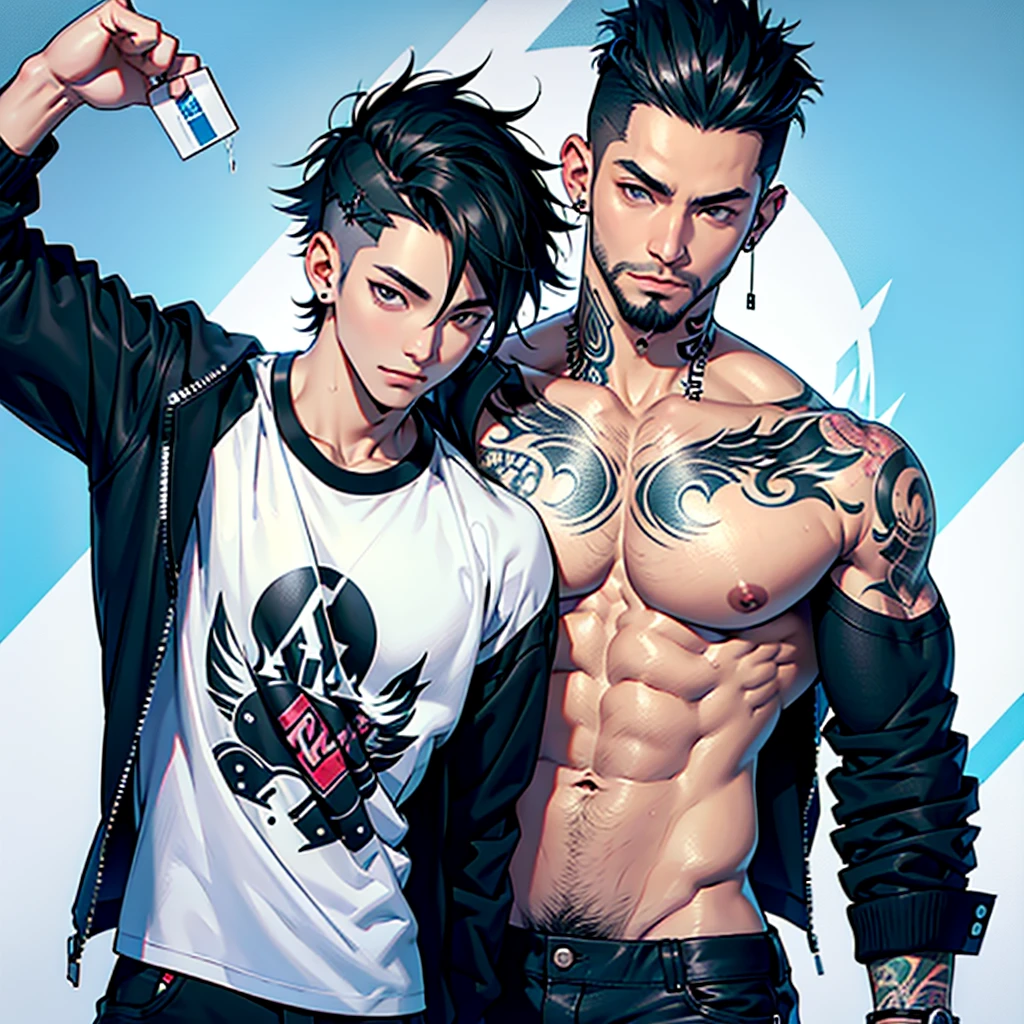 ((Best Quality)) ((high definition quality)), ((Masterpiece)), (detailed), ((without errors)), ((no duplicate limbs))
Create a Korean man who was a K-pop singer, Now he is a rapper who lives in Argentina., He is short and has a thin build.., sweet and clean face, black eyes, with whitish skin although his fine arms are covered with tattoos.It has a more urban and comfortable rapper-style style. Her black hair is messy but in a short punk cut.. Together with an Argentine man, who is tall and muscular, with well-groomed beard and short punk-style hair. He has visible tattoos on his arms.. His clothing is punk style.
The Argentine man has his hands on the Korean man's butt, The Argentine man is kissing the Korean man's neck,. The Korean man is with a pleased expression