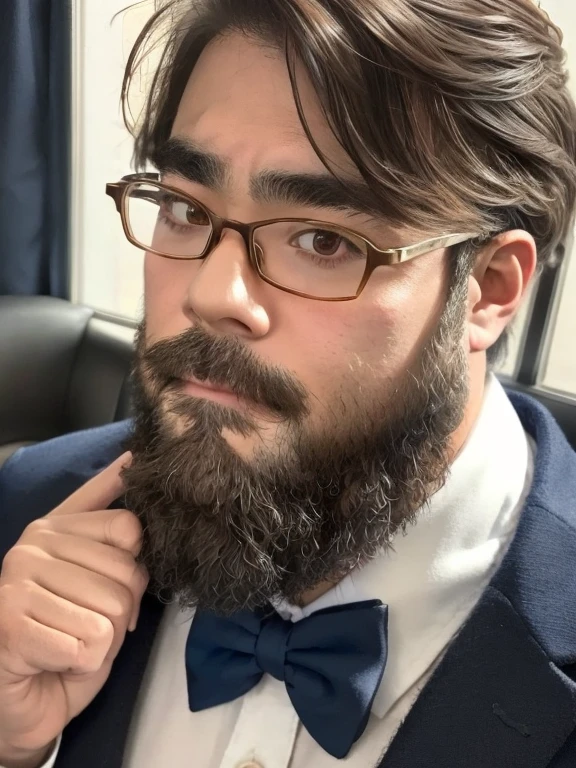Glasses, beard, Black-rimmed glasses, Brown eyes, very aesthetic, 1 boy, red bowtie, blue jacket, white shirt, blue shorts,Modern Office, Natural light through the window, Stylish desk, computer, Elegant posture, Confident expression