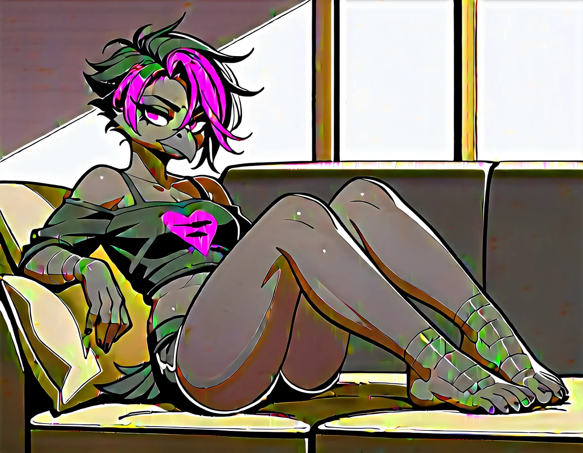 score_9, score_8_up, score_7_up, Sera, anthro avian girl, mature adult, black feathered body, black hair with purple highlight, jitome, expressionless, purple eyes, eyes half open, wearing black emo top, exposed shoulder, black short shorts, hourglass figure,  in a living room, lying on a couch, bare legs, 5 toes with toe claws 