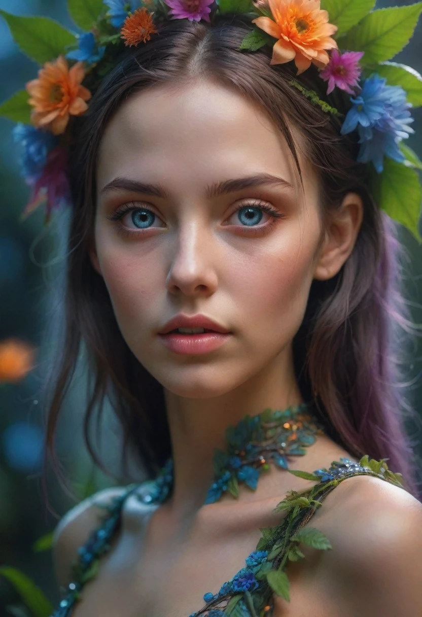 a beautiful girl, 1girl, extremely detailed face, beautiful detailed eyes, beautiful detailed lips, longeyelashes, ethereal beauty, glowing neon fluorescent skin, fluorescent ethereal fantasy flora and fauna, intricate detailed colorful alien plants and flowers, dramatic cinematic lighting, vivid vibrant colors, highly detailed, (best quality,4k,8k,highres,masterpiece:1.2),ultra-detailed,(realistic,photorealistic,photo-realistic:1.37)