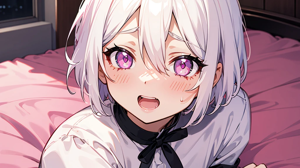 White Hair Girl、Pink Eyes、Short Hair、Only one girl、Night、In the bedroom、Blushing、laughing、Excited、Just One、Sitting on the bed、Sweating