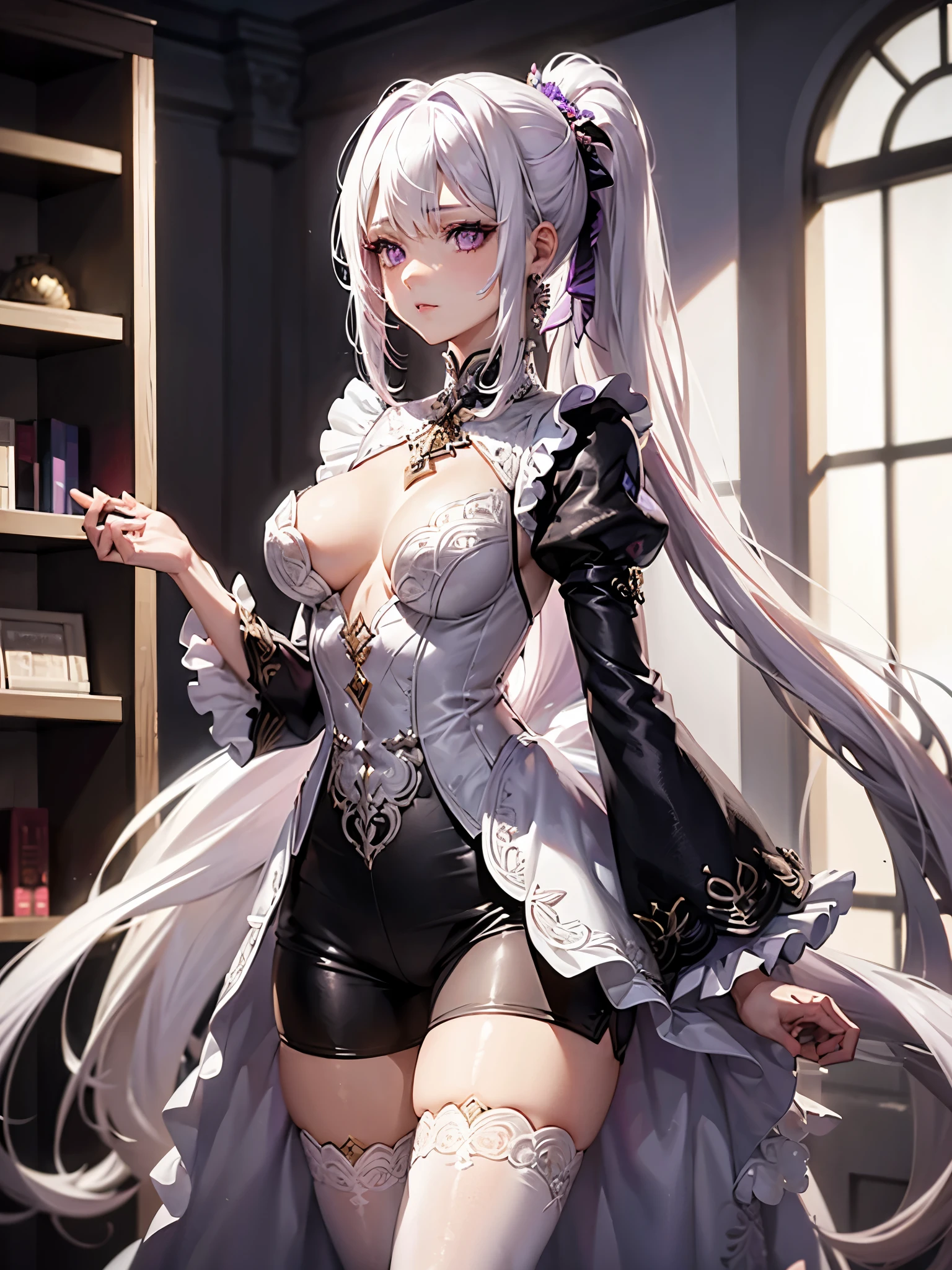 1girl, medium breasts, purple eyes, (((white hair))), hair ornaments, tall, young, outfit-gladiia, long hair, tied hair, indoors, black shorts, thigh-highs, low ponytail