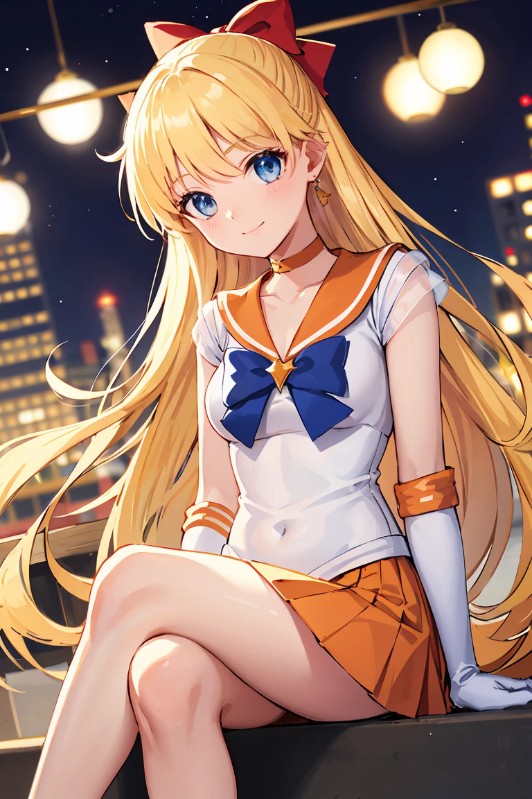 masterpiece, Highest quality, High resolution, Venus 1, One girl, alone, Sailor Warrior Uniforms, Sailor Venus, aino minako, Blonde, Magical girl, blue eyes, Orange Skirt, Elbow hand pockets, tiara, Pleated skirt, Hair Ribbon, Orange sailor collar, mini skirt, choker, Red Bow, orange choker, White gloves, Very long hair,  jewelry,  Earrings, Sitting, Crossing your legs,Background is a park at night,smile