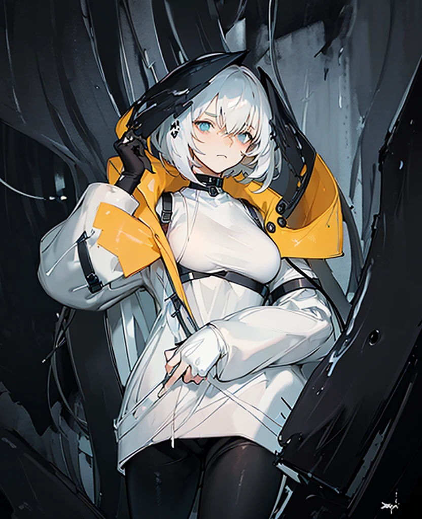 Masterpiece,Best quality,(A gloomy painting style:1.6),Solo,Boy,White hair,Short hair,(White shirt:1.4),((Face)) shirt,Shorts,Coat,Hood,Sneakers,Black coat,No breasts,Long sleeves,bangs,Fingerless gloves,Short hair,hair between eye,((gloomy expression)),(Pure black background:1.4),1 girl,(Holding something on one's chest)